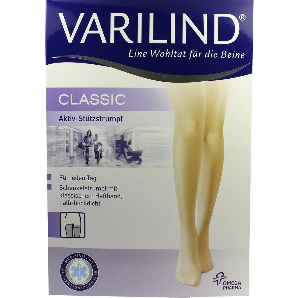Verpackung eines Stützstrumpfs mit Bild von Beinen und Text über die Eigenschaften.